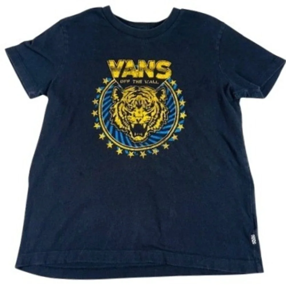 Vans T-Shirt Boys L Black Tiger Graphic Off The Wall‎ Short Sleeve Cotton Tee